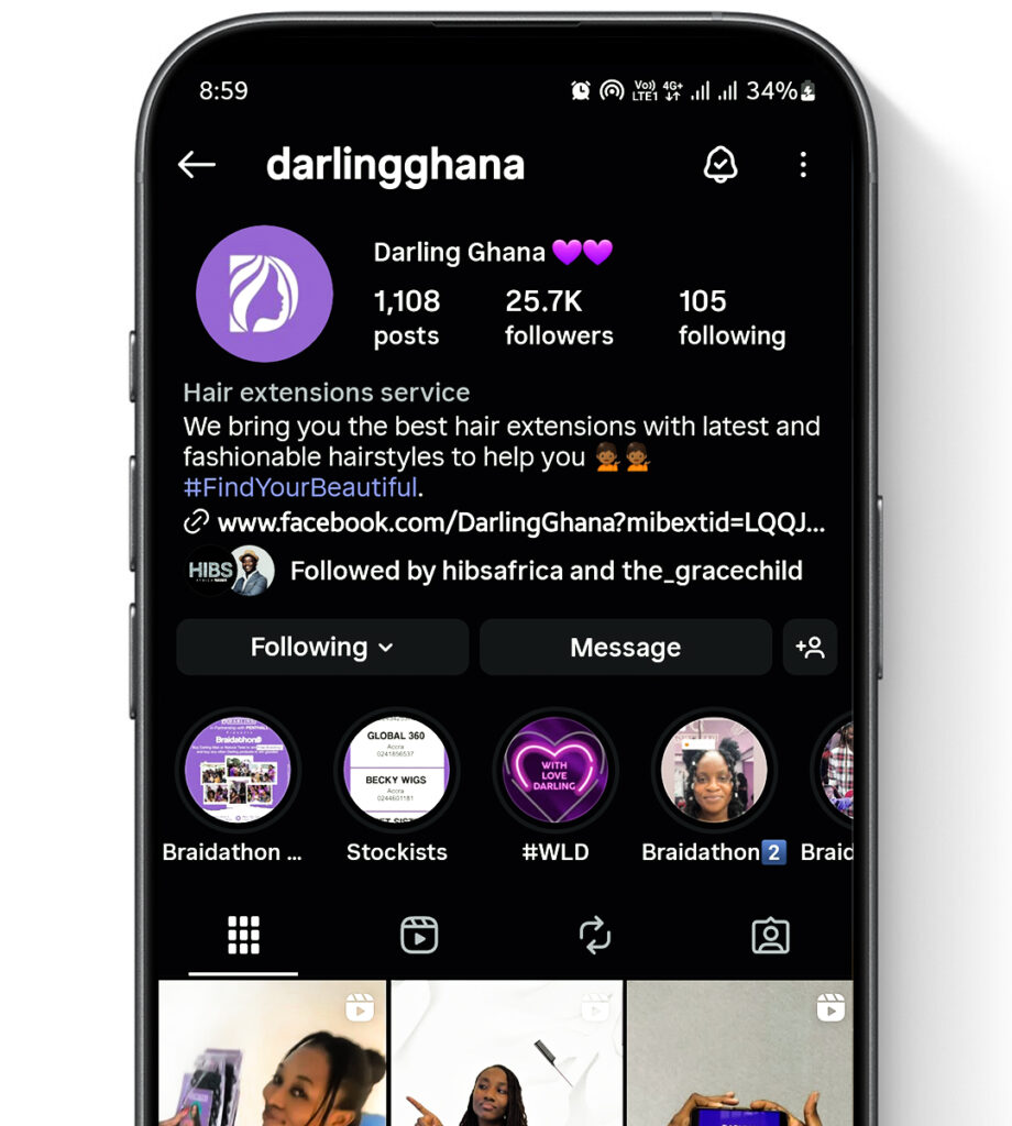 Closeup of darling Ghana instagram page bio